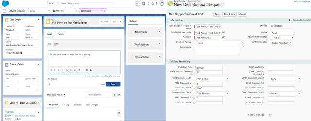 Left: A Salesforce Cases standard object. Right: A Deal Support Request custom object.